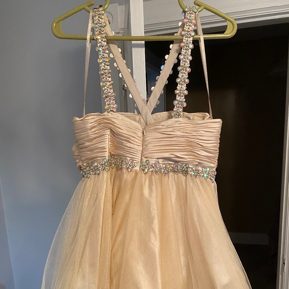 Champagne Ruched Rhinestone Bodice Dress - Picture 5 of 10